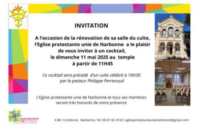 Invitation culte et apéritif Temple protestant Narbonne 11 mai 2025
